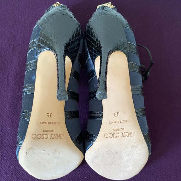Jimmy Choo  Satin/Snakeskin  Navy  Lace up  sandals - Picture 5 of 8